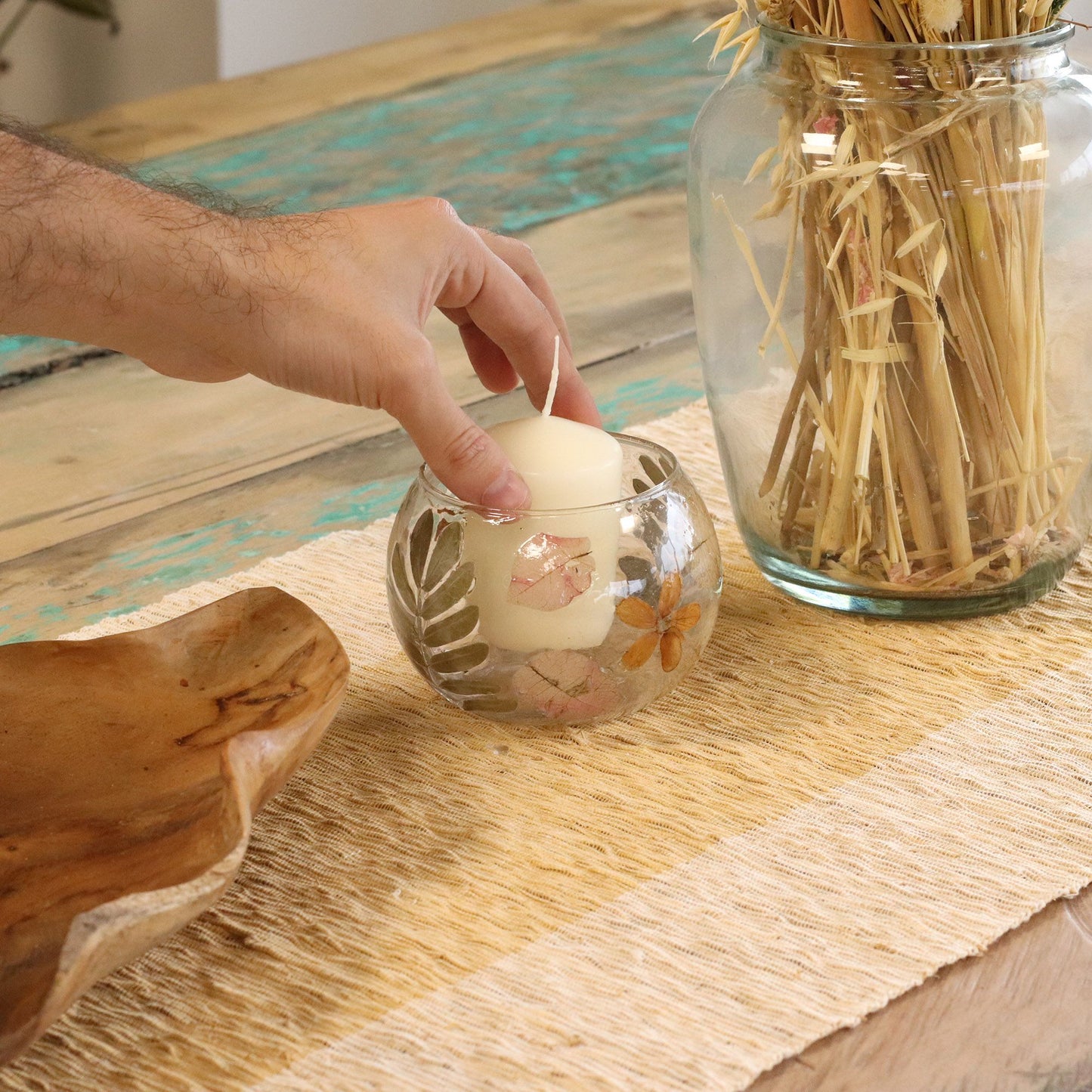 Portavelas de vidrio floral natural hecho a mano – Primavera