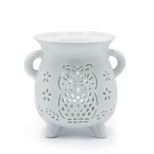 Quemador de Aceite de Cerámica Blanco – Diseño Búho Caldero