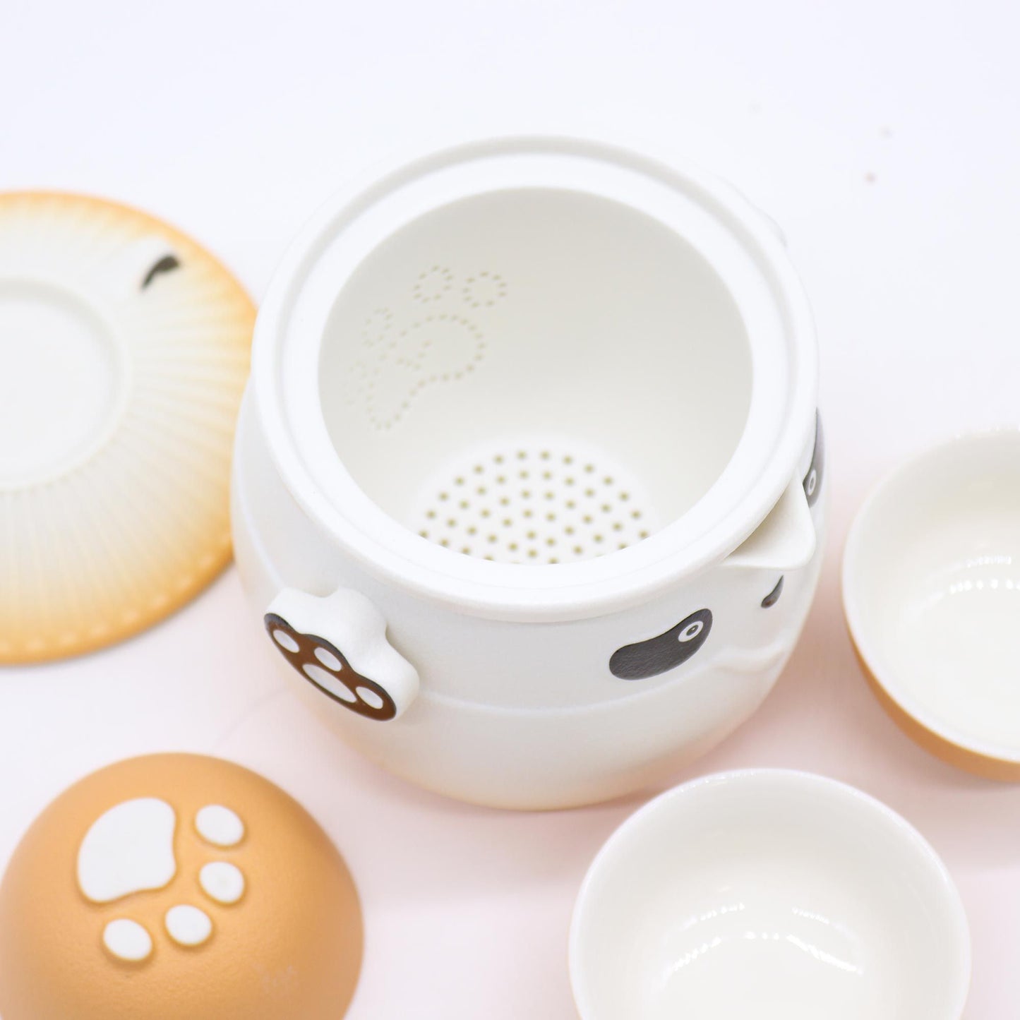 Juego de tetera Panda con 3 tazas – Cerámica color naranja