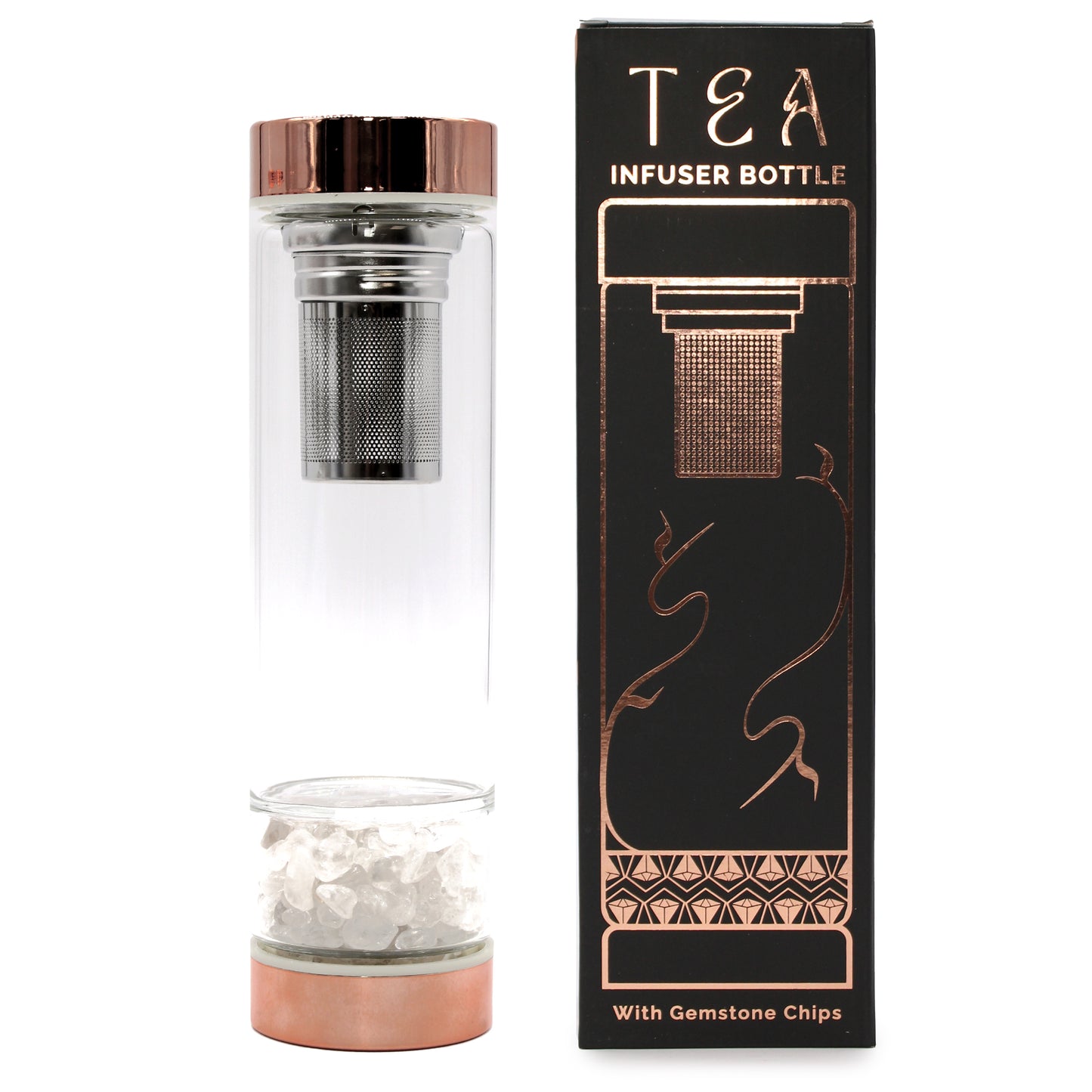Botella de Cristal para Infusión de Té - Oro Rosa y Cuarzo Roca