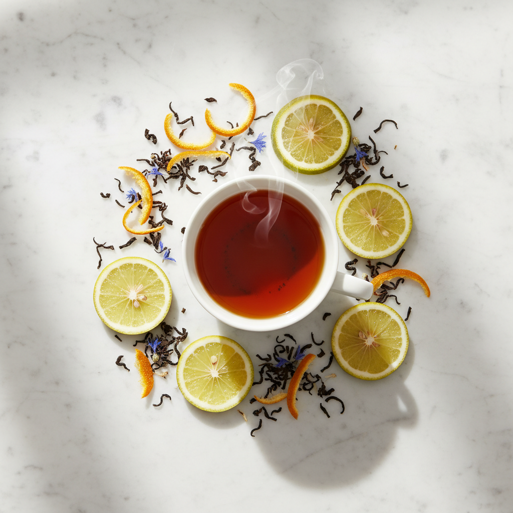 Earl Grey flatlay mármol