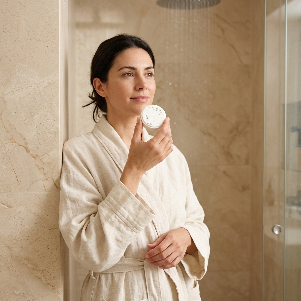 Escena de una mujer preparando su ducha con una pastilla aromática