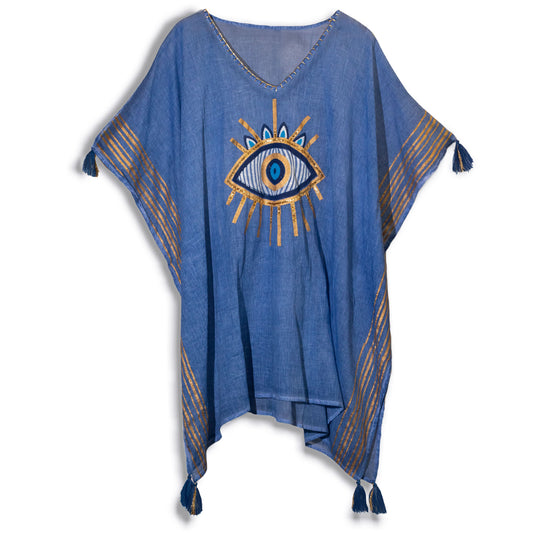 Kaftán con Ojo Turco Pintado a Mano – Azul Intenso y Dorado | Nomad Sari