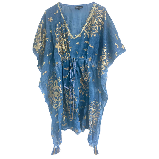 Kaftán azul marino con detalles dorados – Estilo coral, 100% algodón
