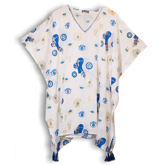 Kaftán de Algodón con Ojo Turco – Blanco, Azul y Dorado | Nomad Sari