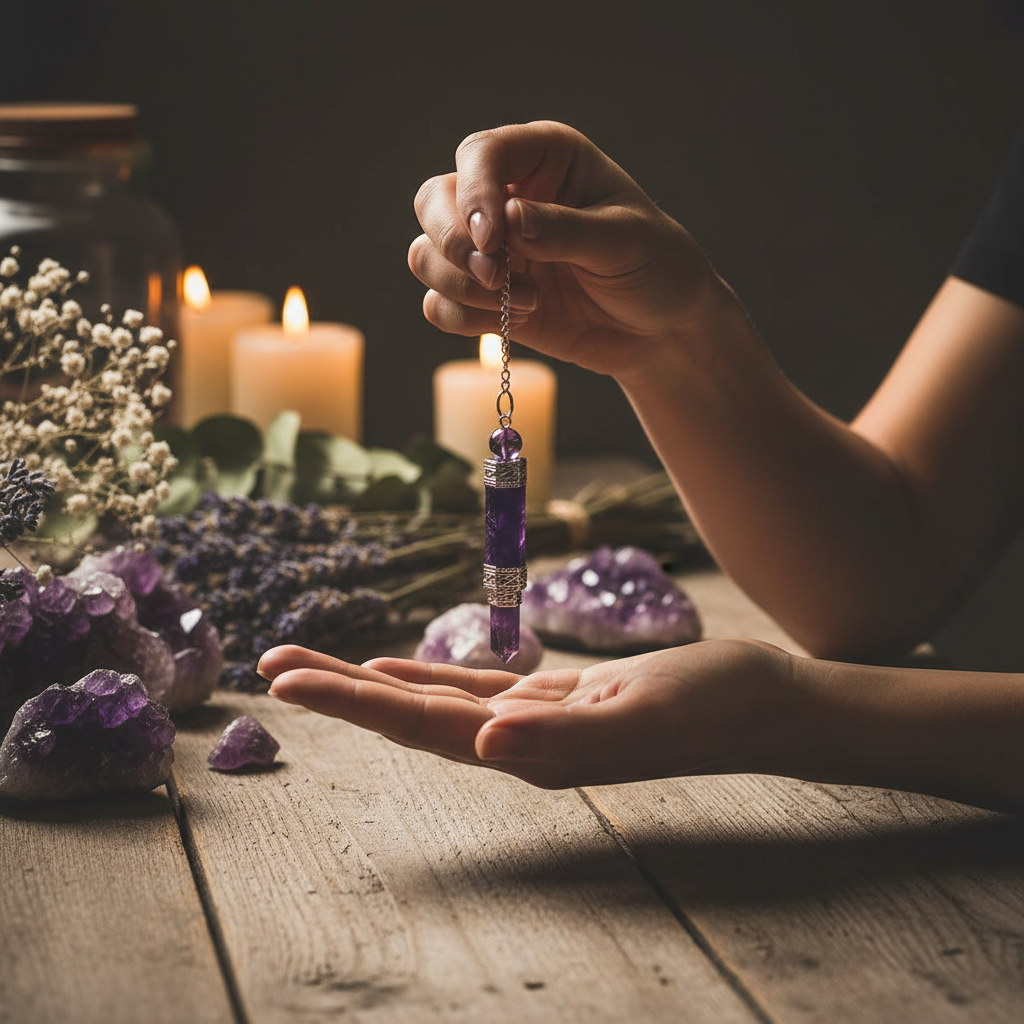 Péndulo amatista – mesa con velas