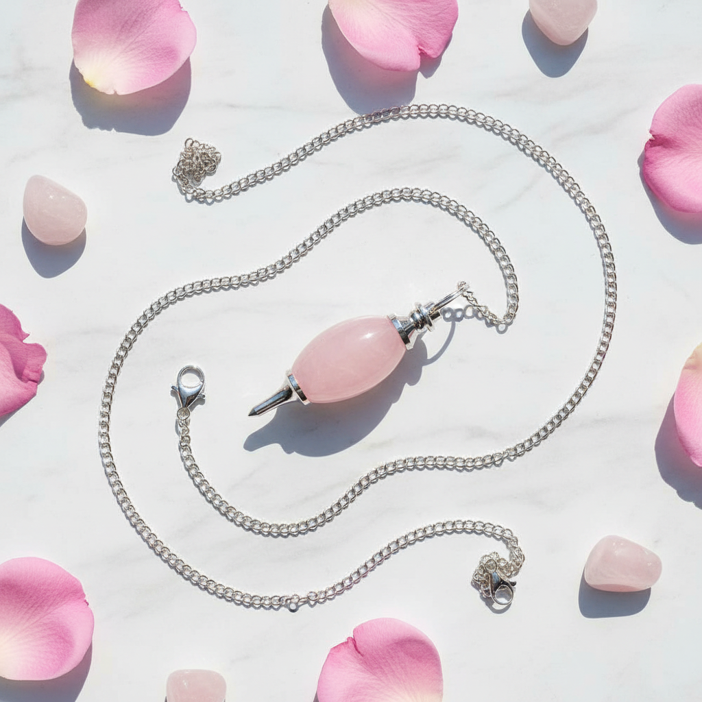 Péndulo Cuarzo Rosa – flat lay