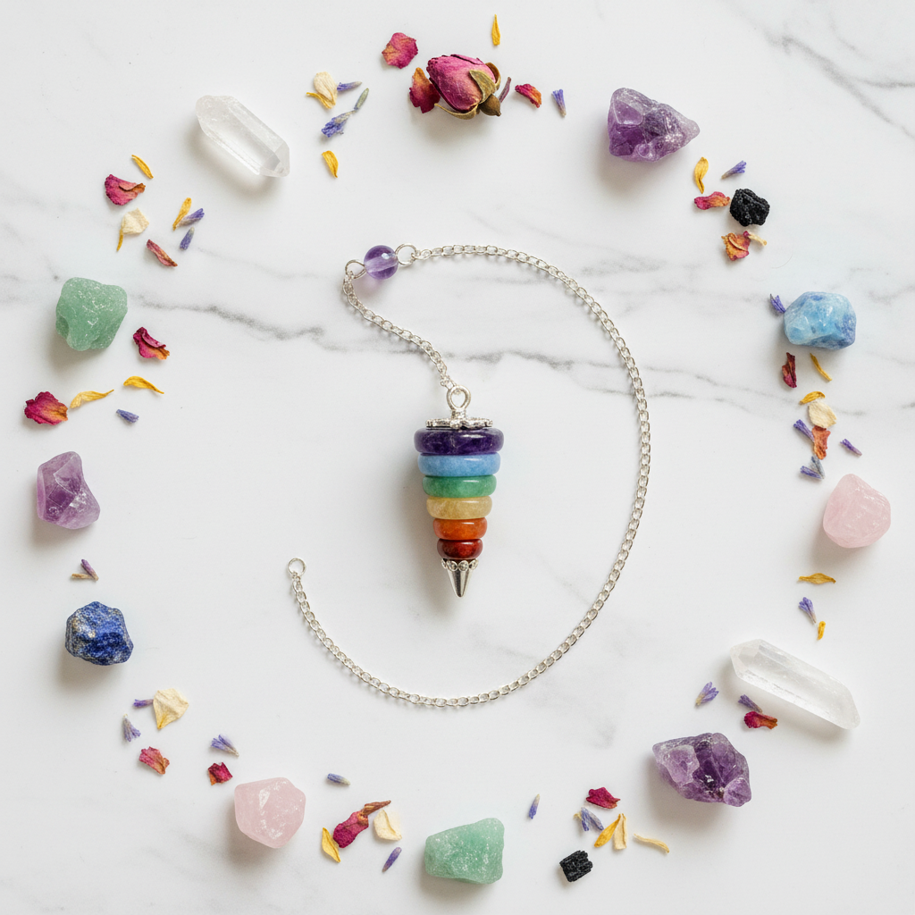 Péndulo Siete Chakras – flat lay