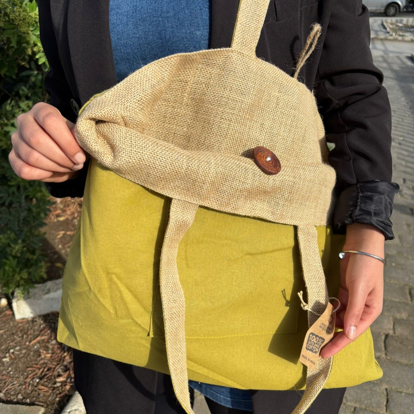 Bolsa Grande Reversible de Yute y Algodón – Color Pistacho