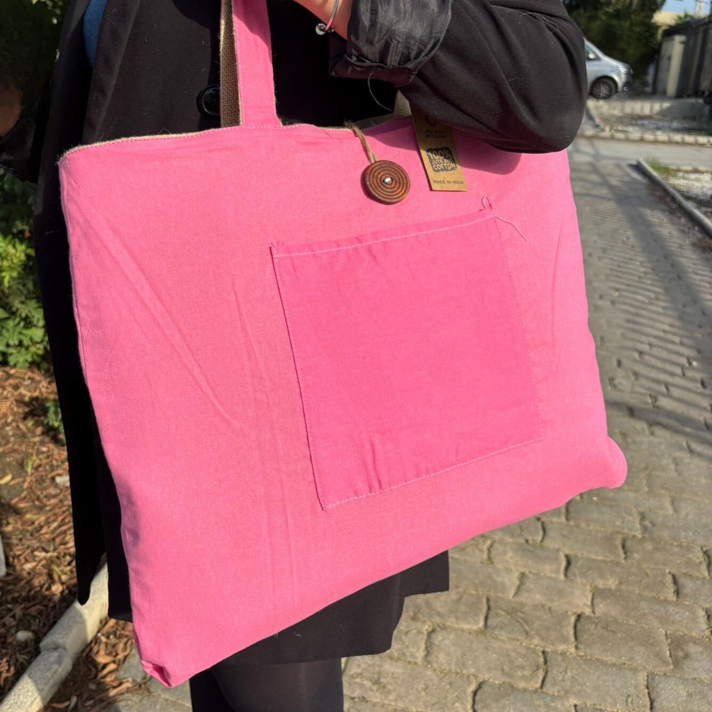 Bolsa Grande Reversible de Yute y Algodón – Color Rosa