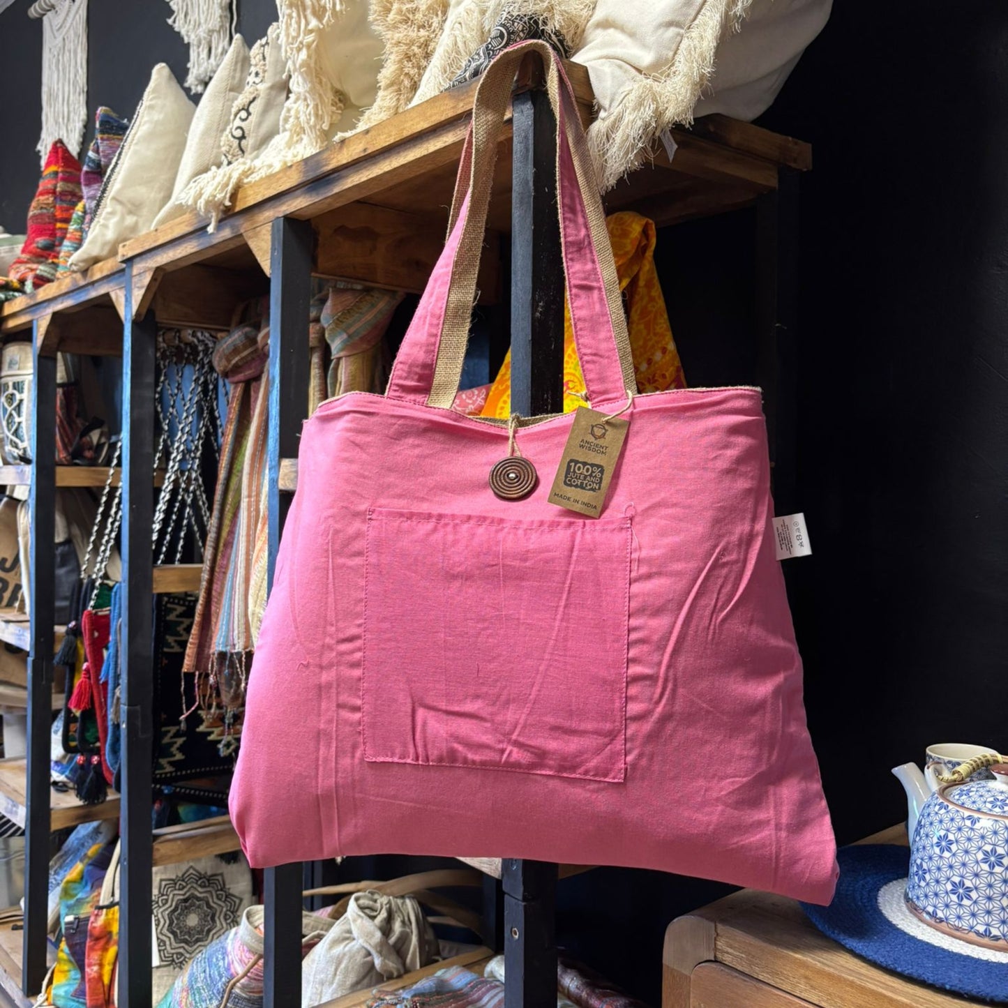 Bolsa Grande Reversible de Yute y Algodón – Color Rosa