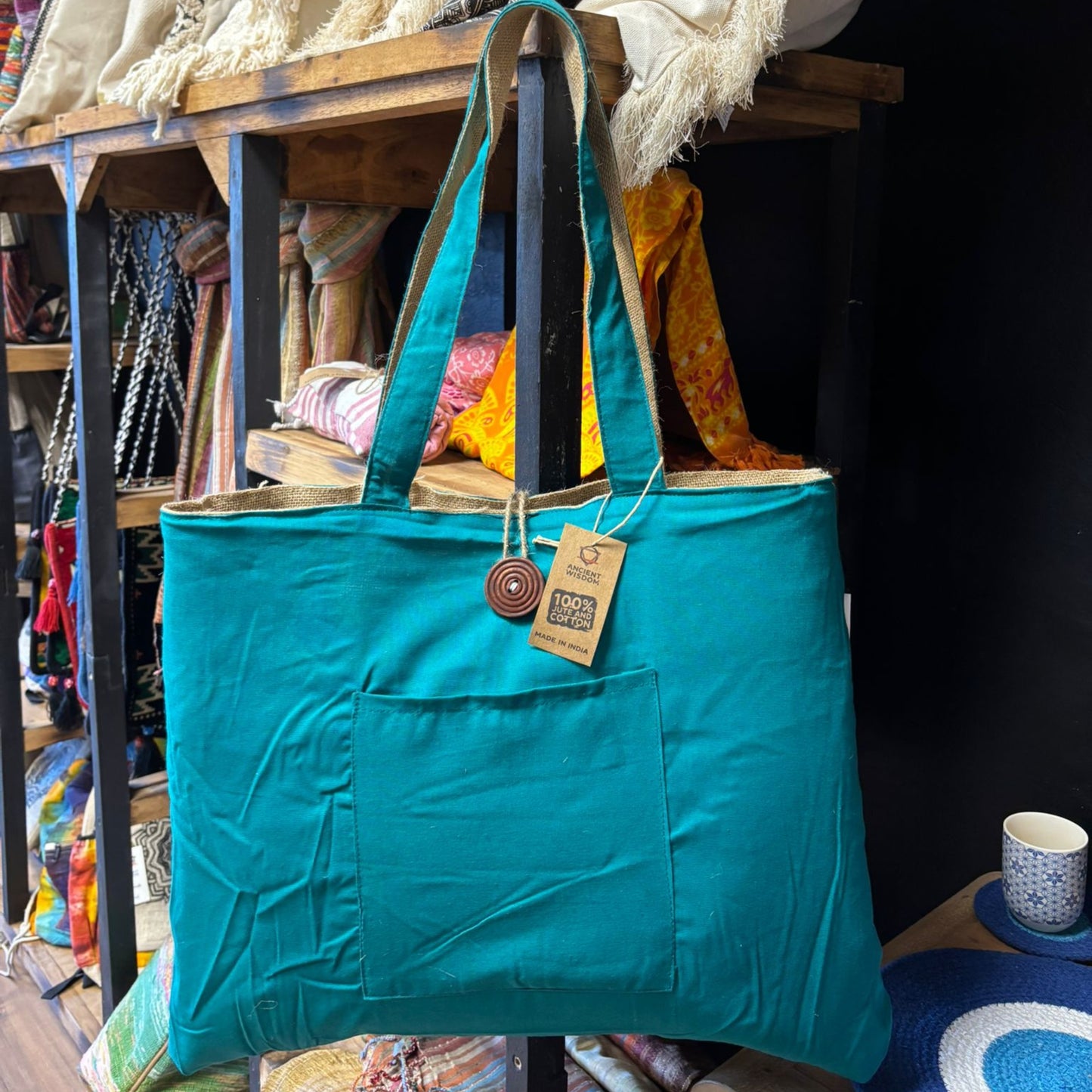 Bolsa Grande Reversible de Yute y Algodón – Color Verde Azulado