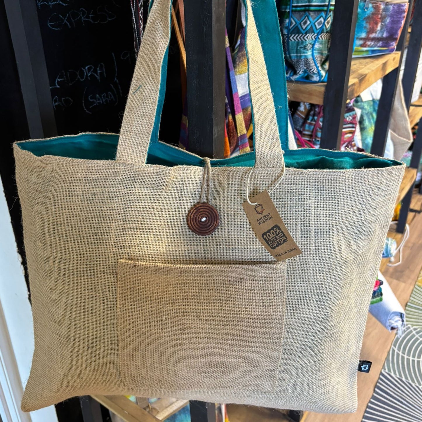 Bolsa Grande Reversible de Yute y Algodón – Color Verde Azulado